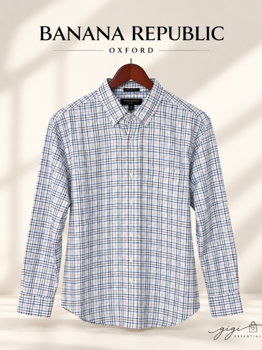 Banana Republic Oxford Plaid Button-Up Shirt Men's Size M Blue White Long Sleeve